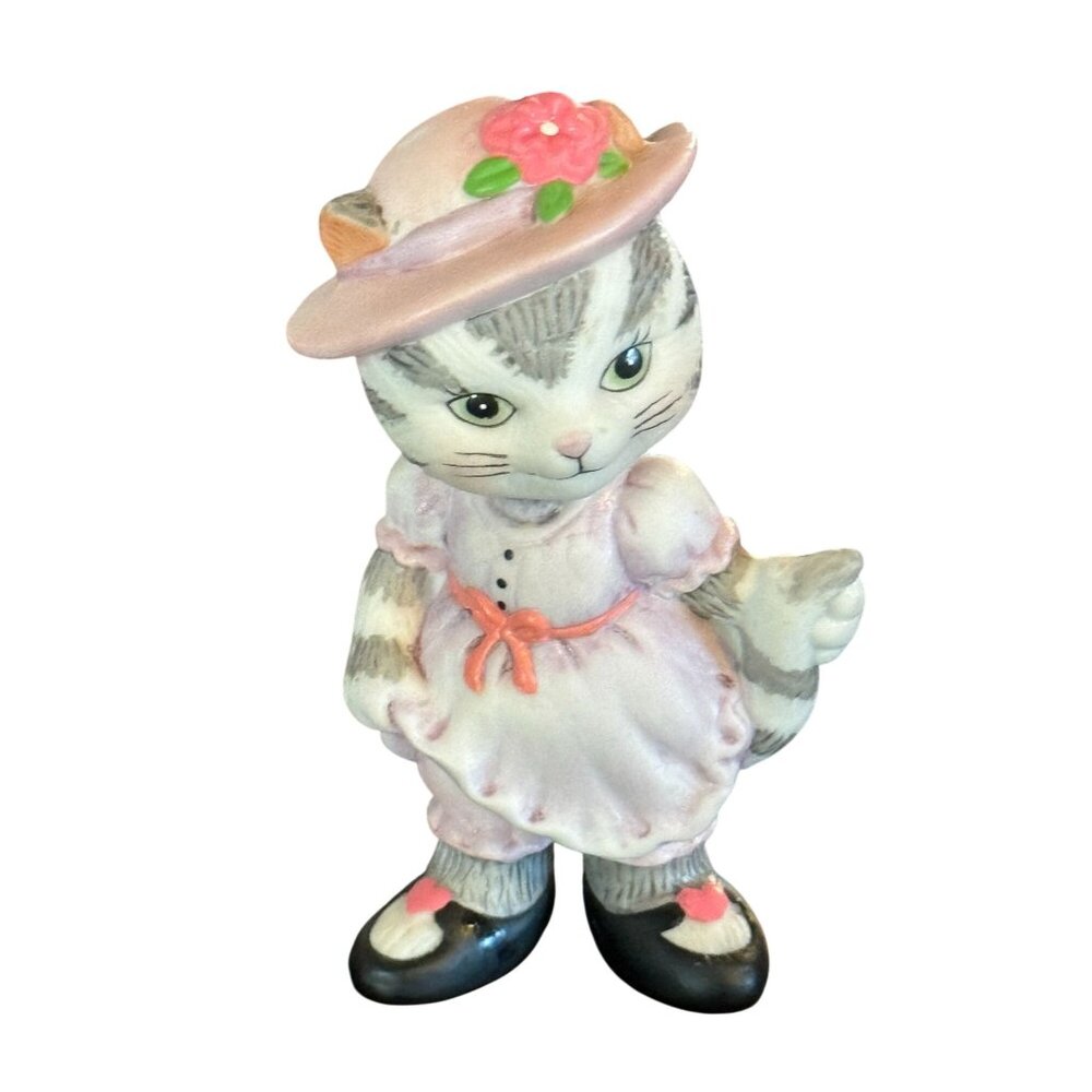 Vtg BC Bronson Collectibles 90's Anthropomorphic Cat‎ Porcelain Pink Dress Hat